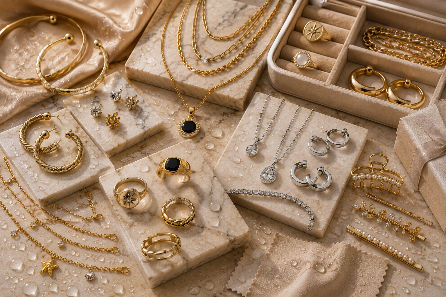 Luxury anti-tarnish jewellery collection featuring waterproof necklaces, hoop earrings, rings, bracelets and pendants displayed in an elegant editorial flat-lay.
