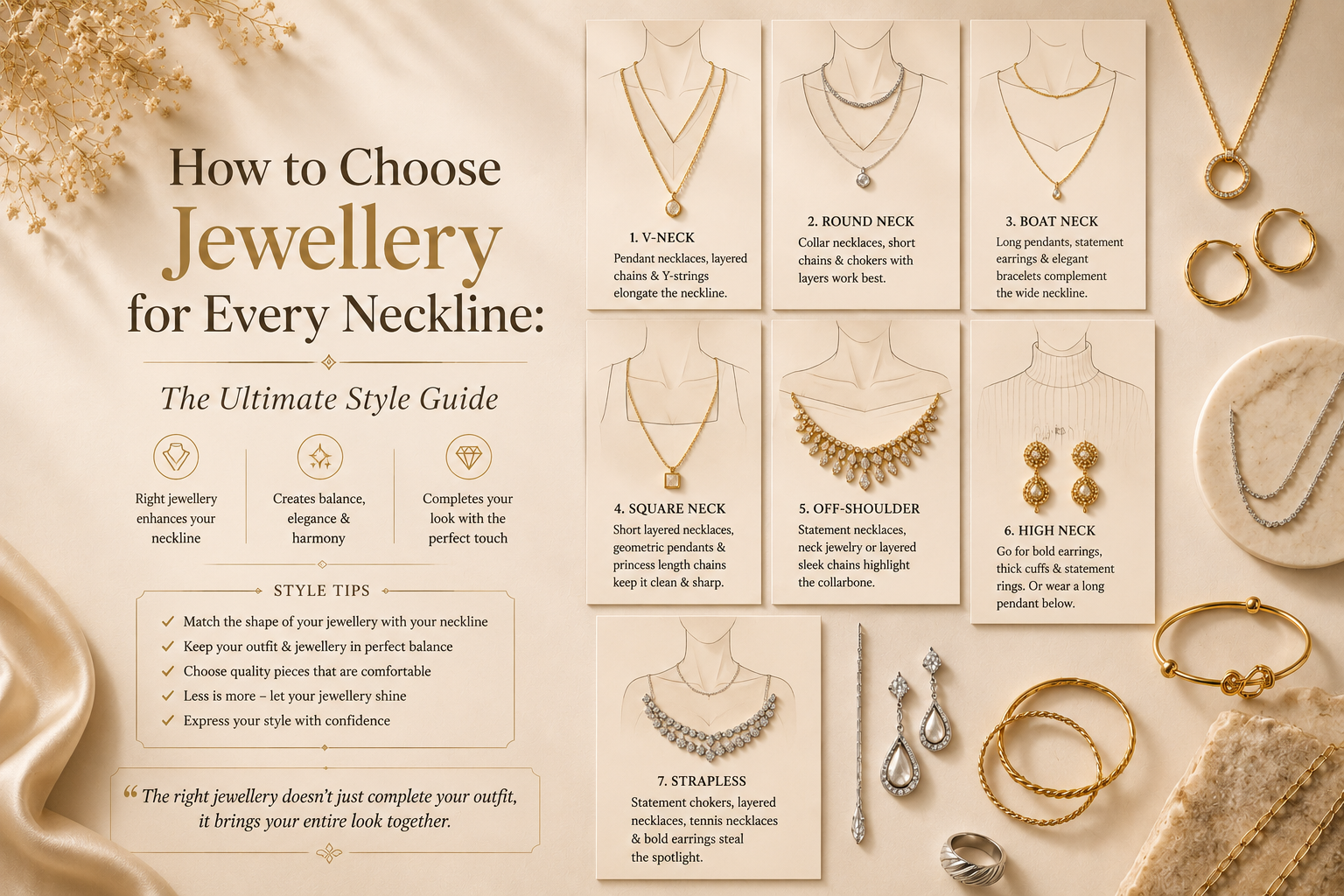 Style guide showing the best jewellery and necklaces for V-neck, round neck, boat neck, off-shoulder and strapless necklines.