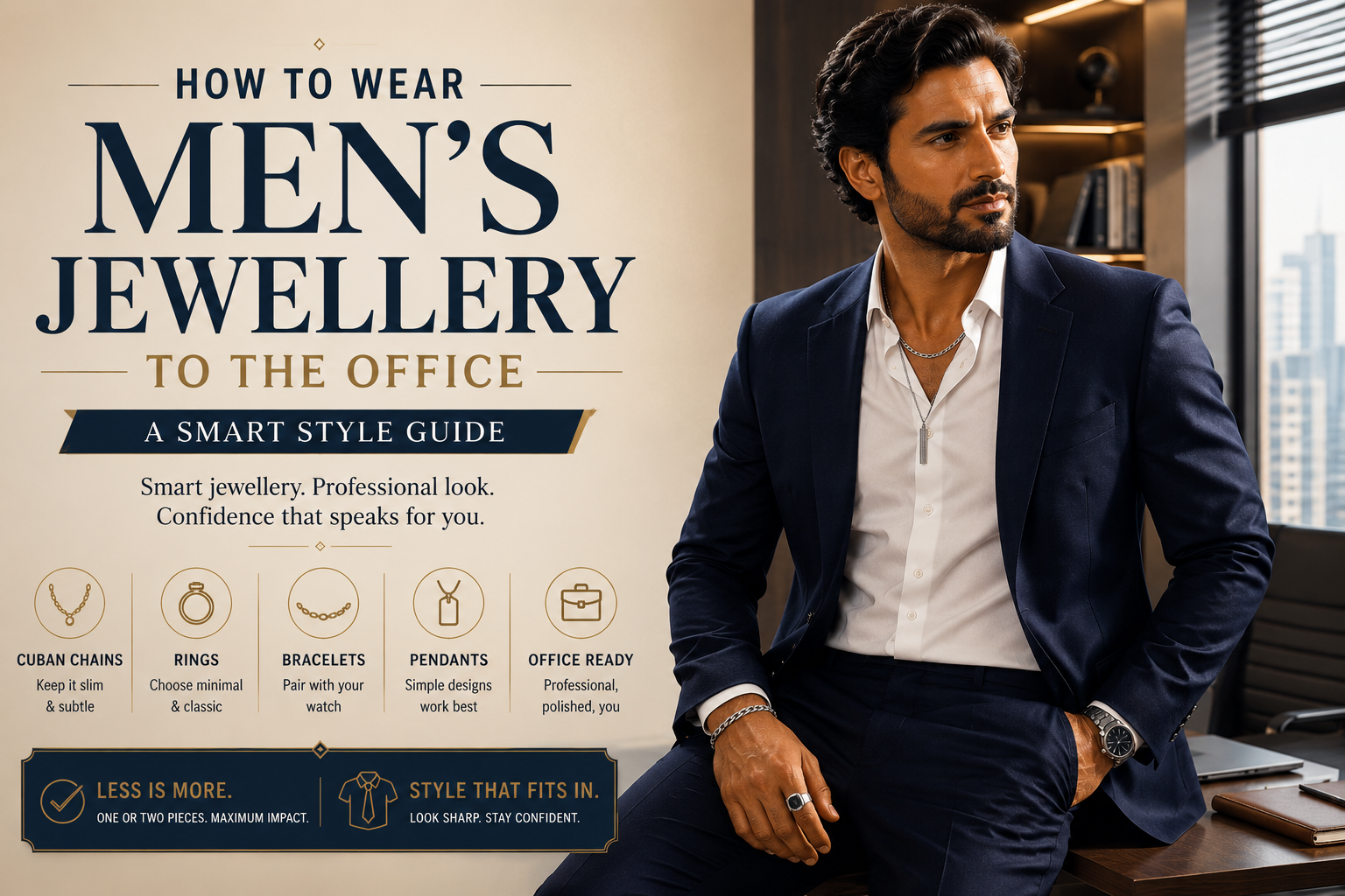Professional men's office look styled with a Cuban chain, ring, bracelet and pendant for a smart business outfit.