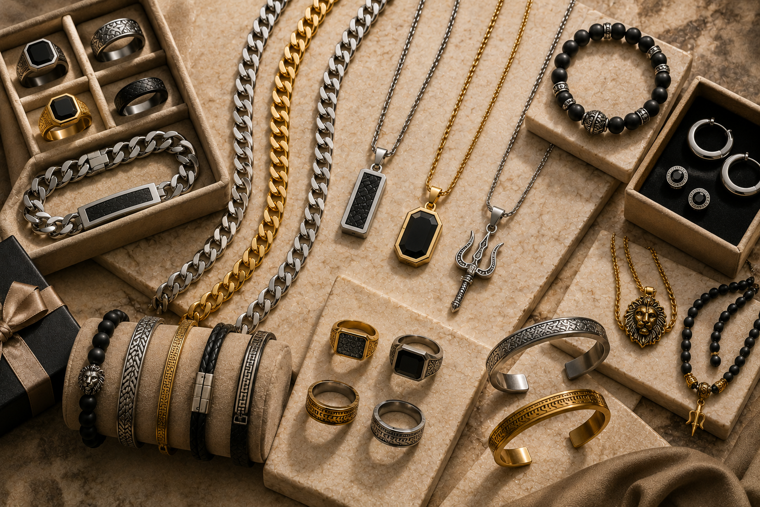 Luxury men's jewellery collection featuring Cuban chains, pendants, signet rings, bracelets, earrings and cultural accessories displayed in a premium editorial flat-lay.