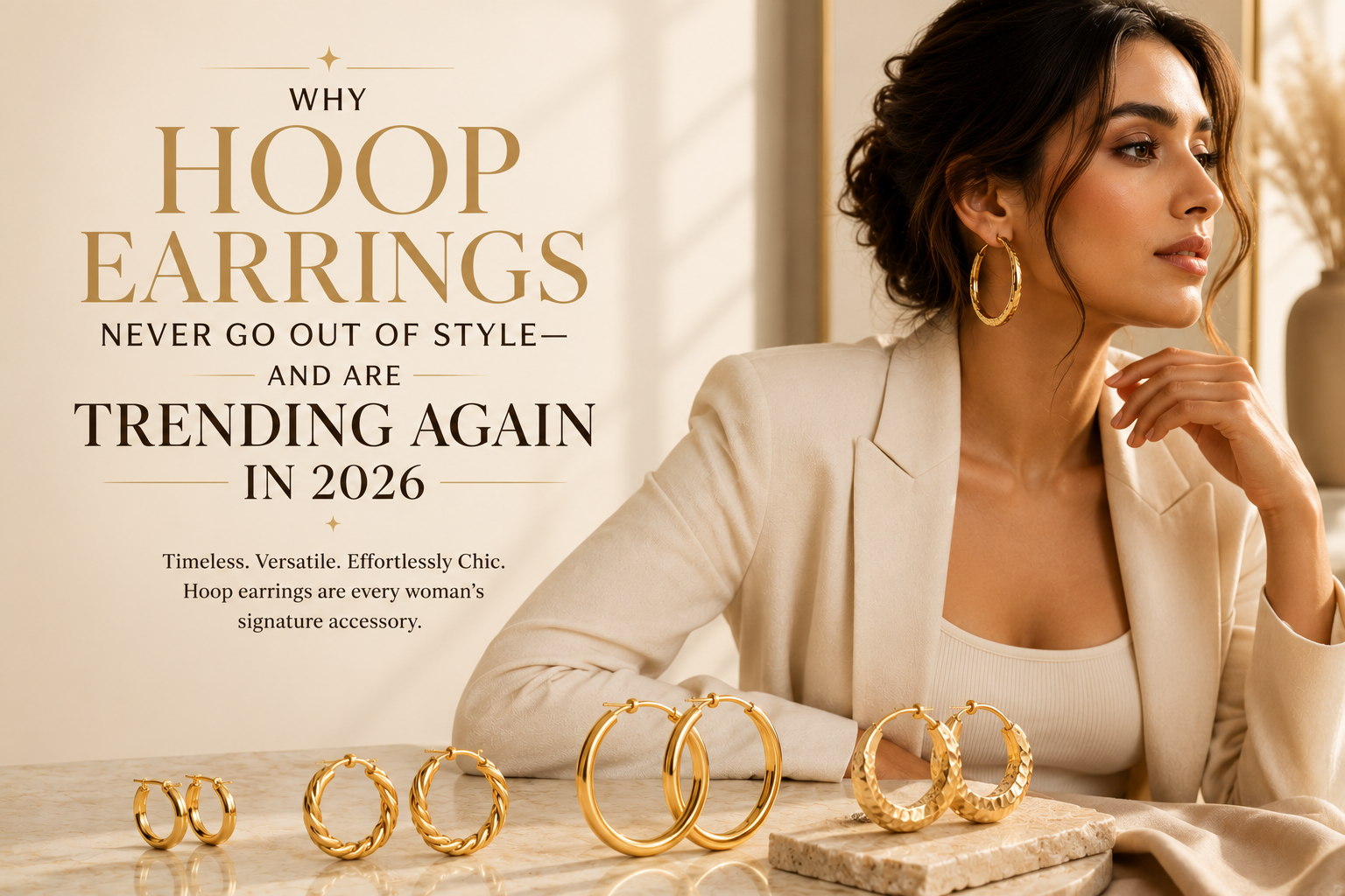 Elegant woman wearing trendy gold hoop earrings styled with a modern outfit, showcasing the timeless hoop earrings trend for 2026.
