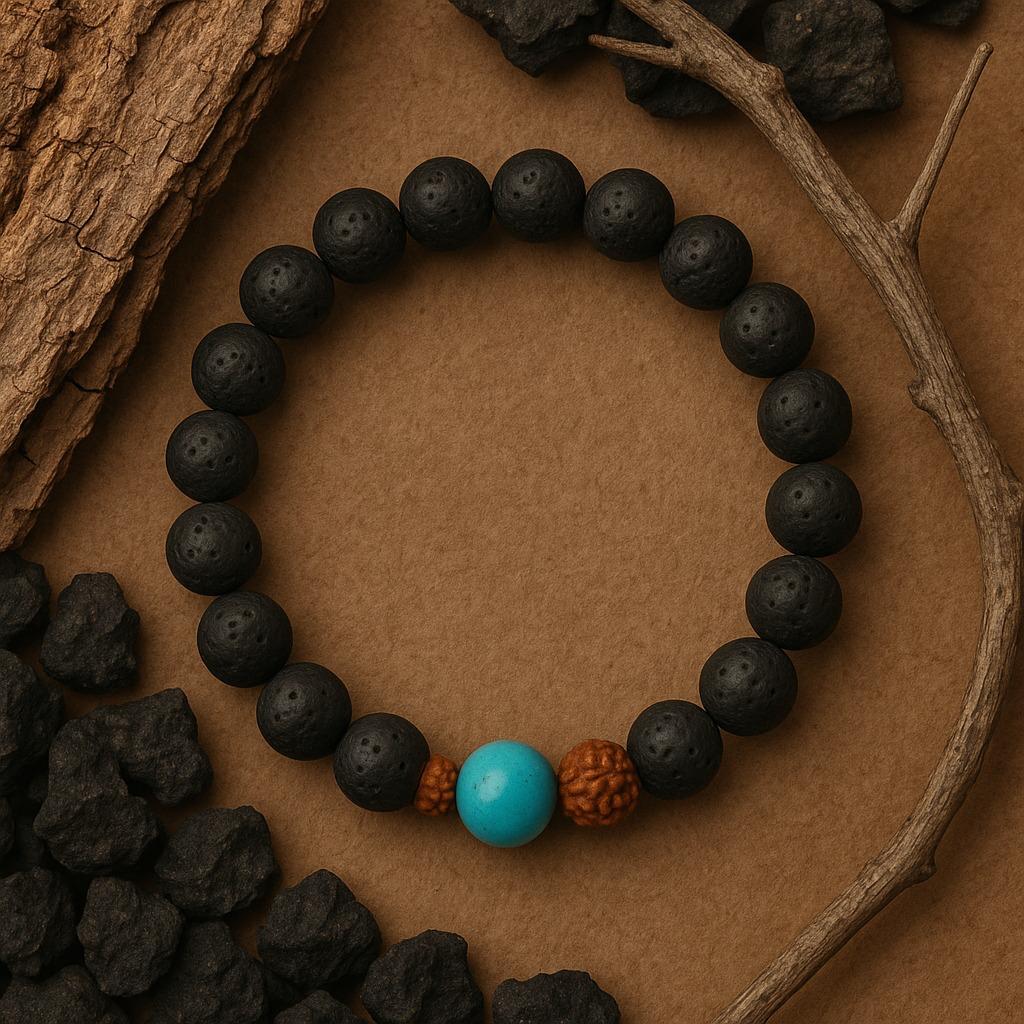 Lava, Rudraksha And Blue Turquoise Bracelet | Sacred Element Edition