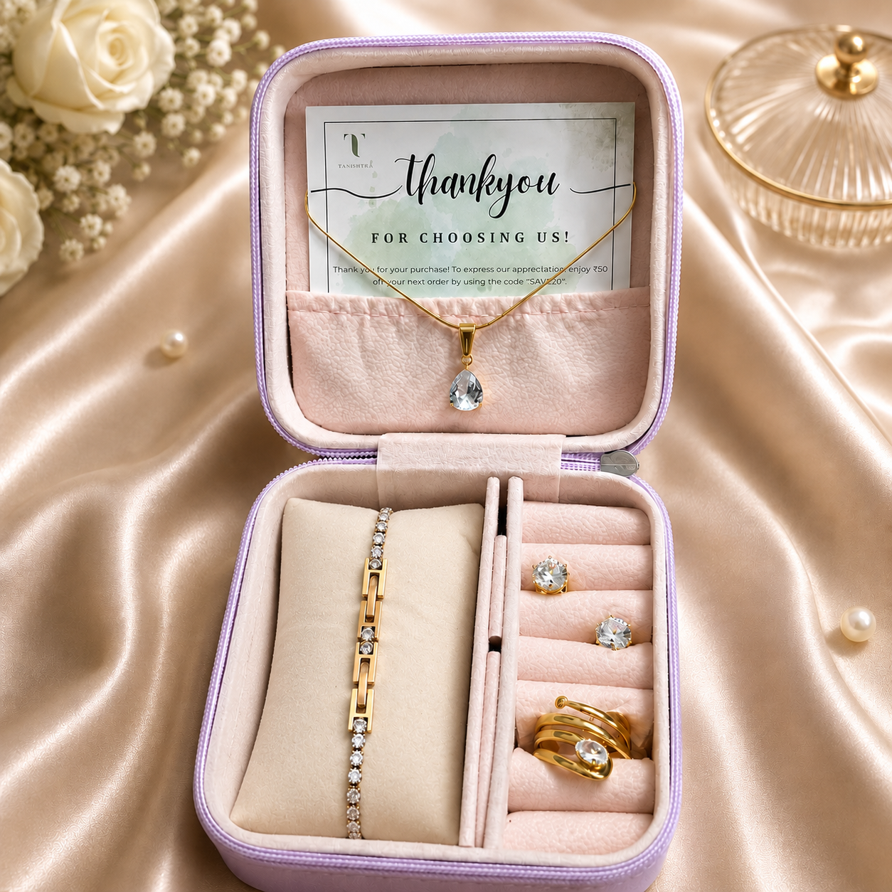 Diamond Collection Gift Hamper | Pear-Cut Crystal Teardrop Pendant + Celeste Diamond Studs + Eterna Spark Bracelet