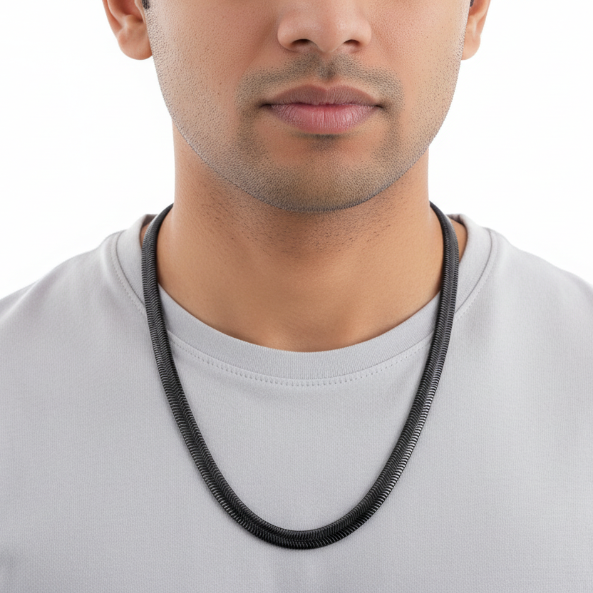 Black snake chain on Indian male model with white/light gray t-shirt
