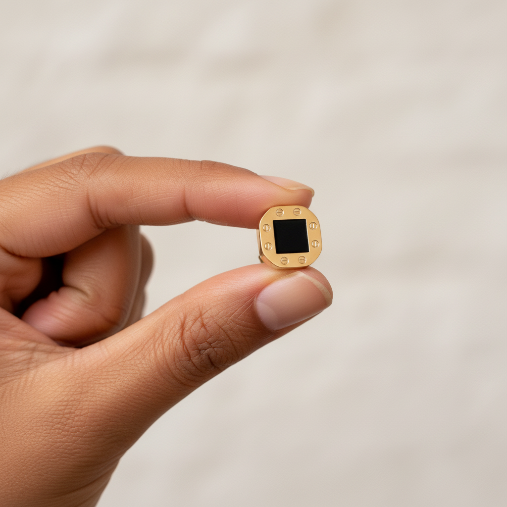 Customer Holding Gold Square Stud Earring - Side Angle