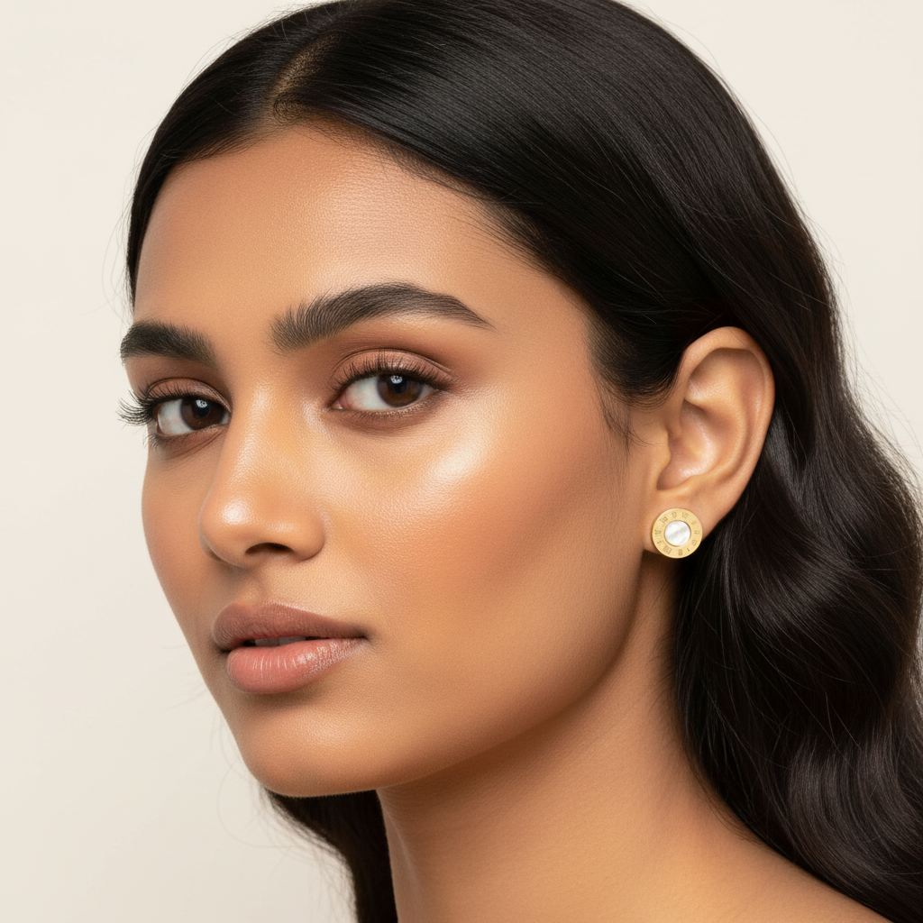 Indian female model wearing Roman numeral gold stud earrings with mother-of-pearl inlay