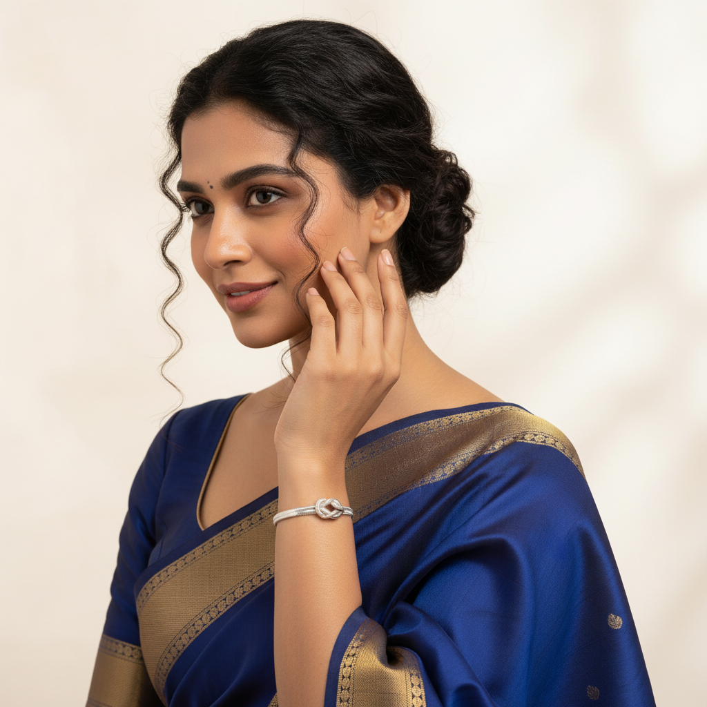 Indian female model in blue saree showcasing Silver Knot Bracelet