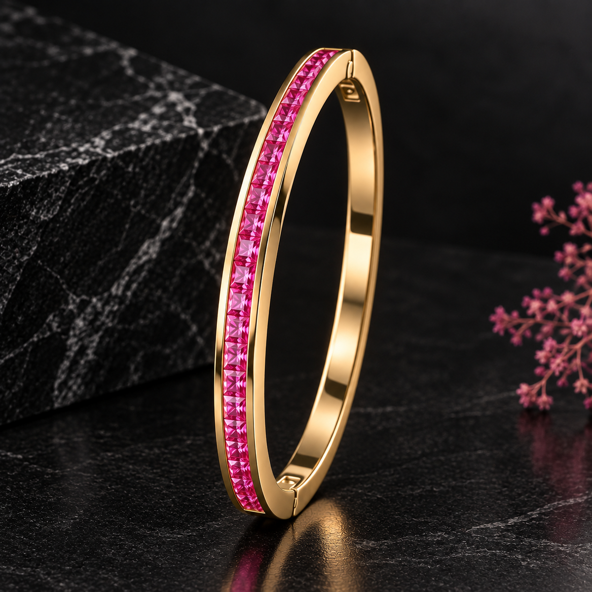 Ruby Pink CZ Channel Bangle - same design in ruby pink CZ stones on black marble