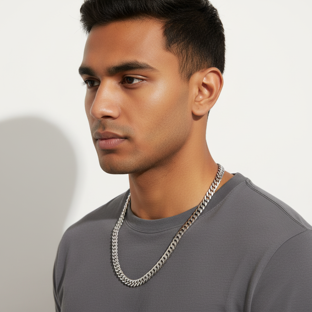Miami Cuban Link Chain – Regenerated, Grey Tee, Side Profile