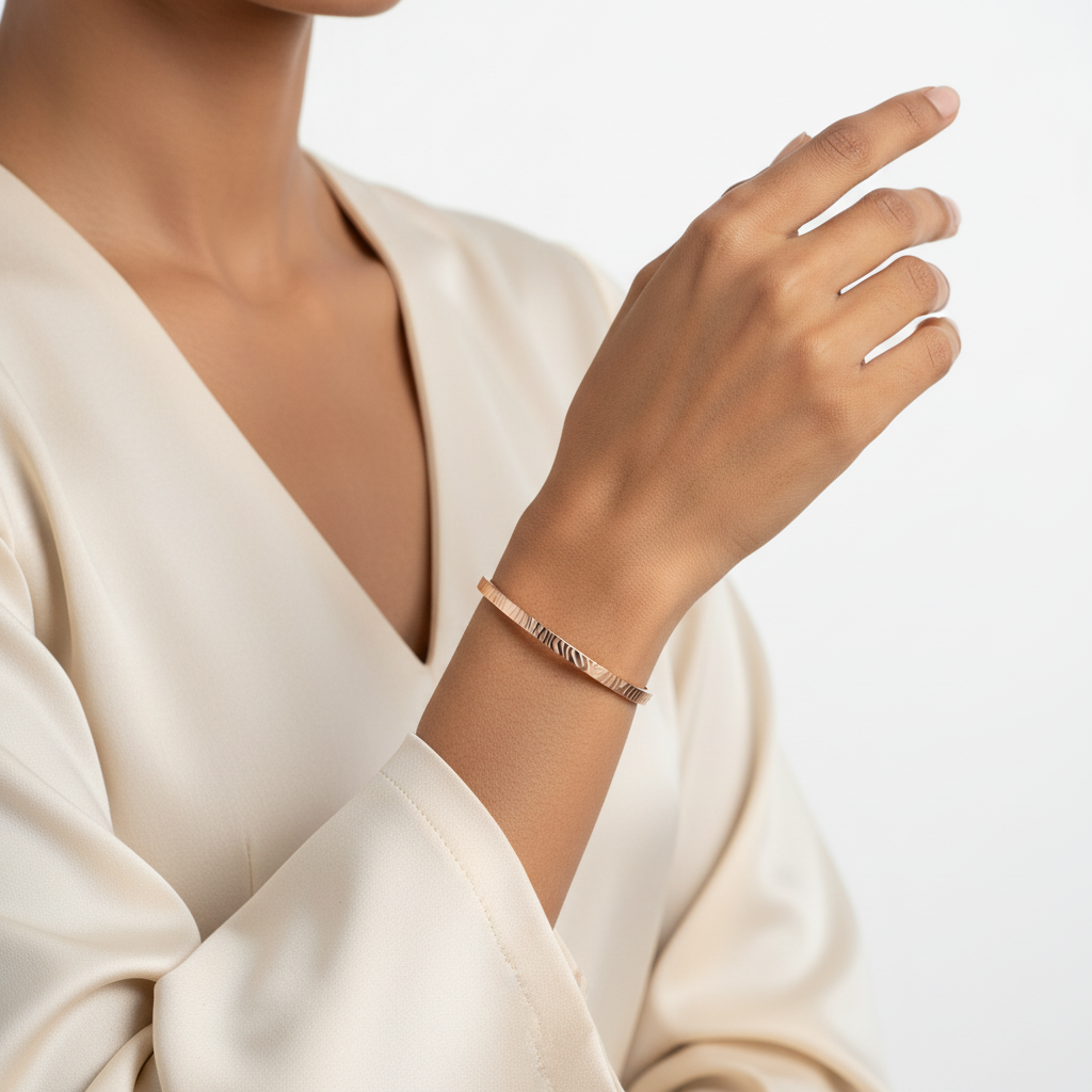 Rose Gold Thin Textured Kada – Indian Female Model