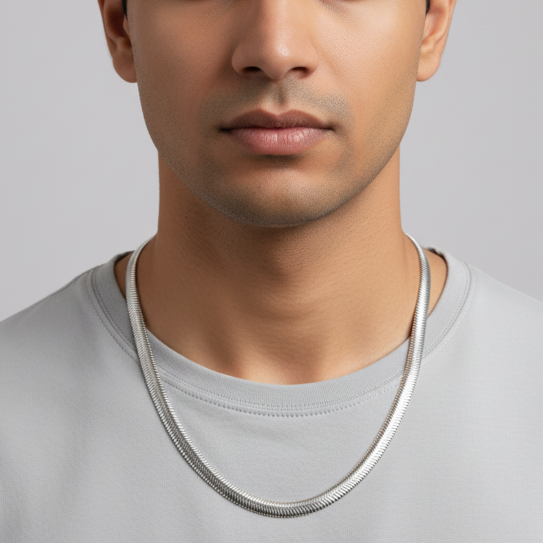 Silver Snake Chain - Close-up with grey shirt
