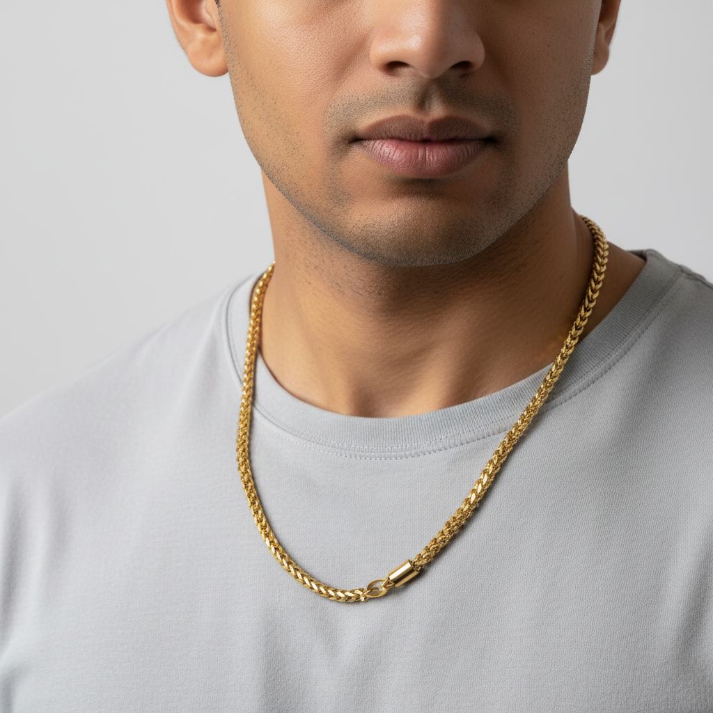 Square format - gold wheat chain on Indian male model