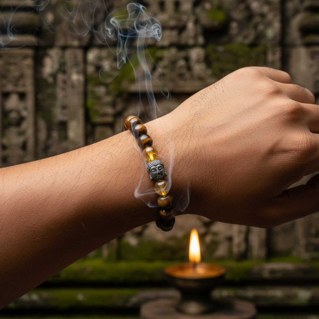 Tiger Eye Buddha Bracelet - Temple Setting