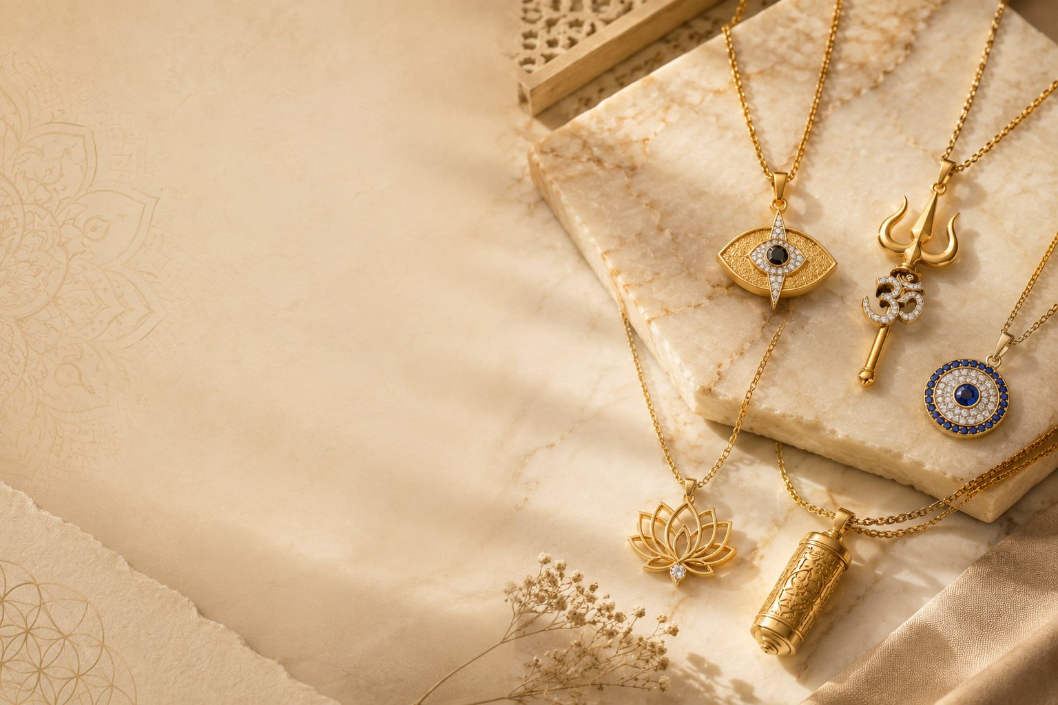 Luxury religious symbol jewellery featuring Shiva pendant, Evil Eye charm and Om pendant displayed in an elegant editorial setting.