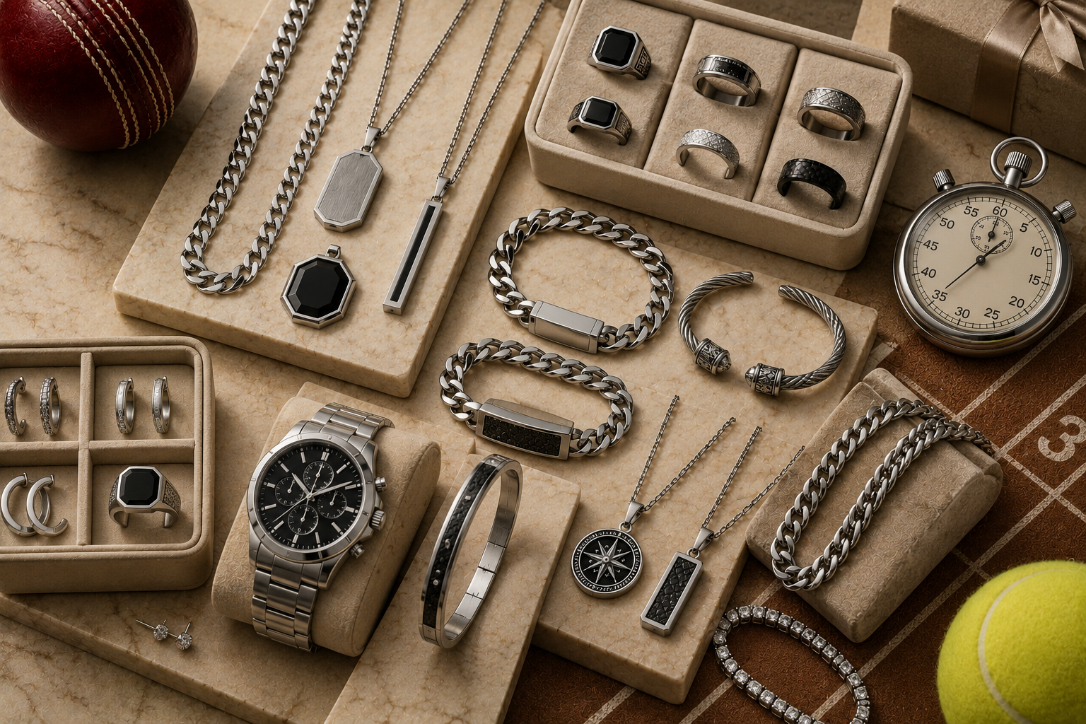 Luxury men's and women's jewellery including chains, bracelets, rings and pendants displayed in a premium editorial setting inspired by modern athlete fashion trends.