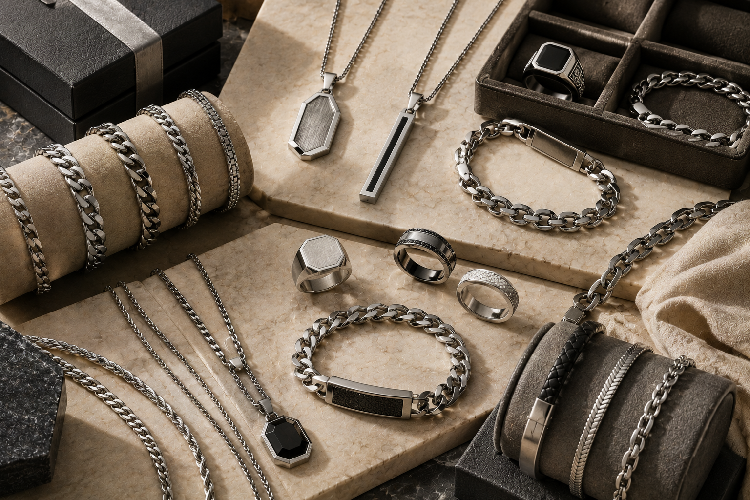 Luxury platinum chains for men displayed with minimalist pendants and premium jewellery accessories in an elegant editorial setting.
