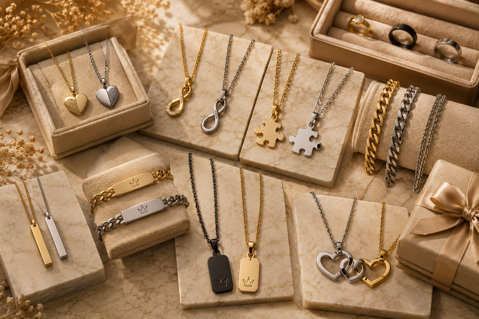 Elegant his and her matching chains with stylish pendants, couple necklaces and modern jewellery beautifully displayed in a luxury editorial setting.