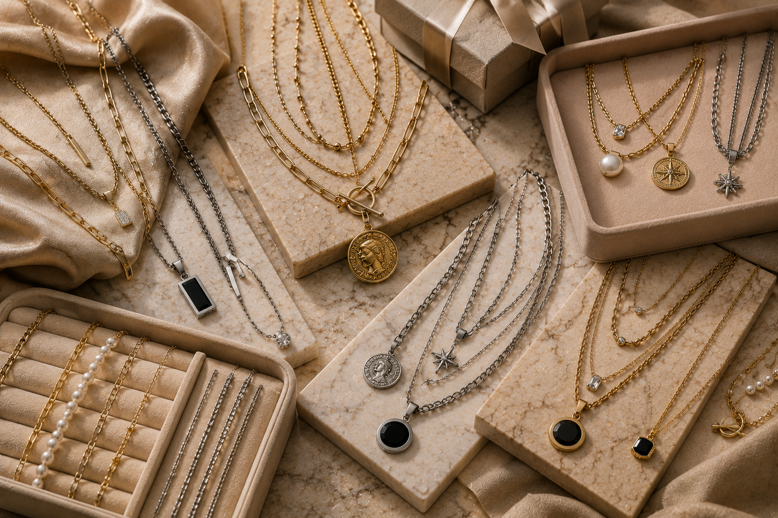 Luxury layered necklaces featuring gold and silver chains with elegant pendants styled in a premium editorial flat-lay inspired by 2026 jewellery trends.