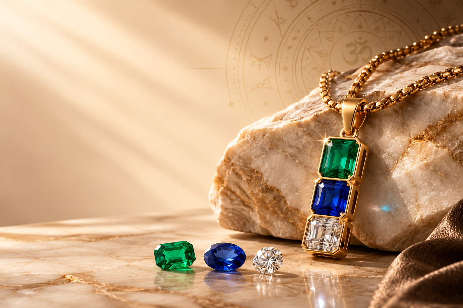 Luxury emerald, blue sapphire and diamond pendant inspired by the growing trend of meaningful gemstone jewellery.