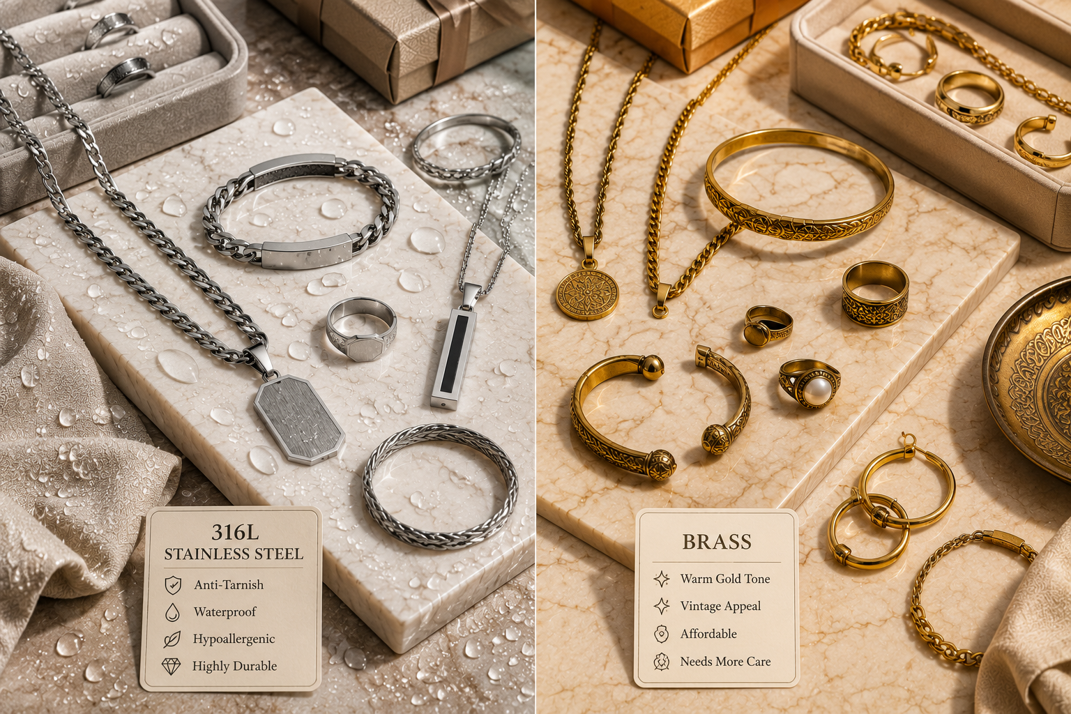 Comparison of 316L stainless steel and brass jewellery featuring chains, rings, bracelets and pendants displayed in a premium editorial flat-lay.