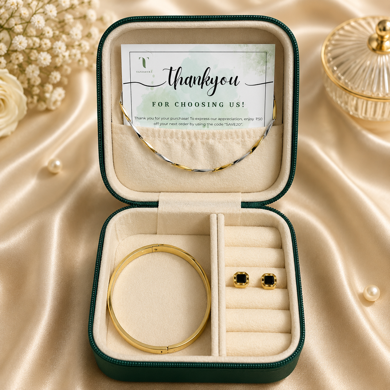 Gold Collection Gift Hamper | Aurum & Argent Loop Chain + Stripe Luxe Kada Gold + Trinity Stud Earring - Square