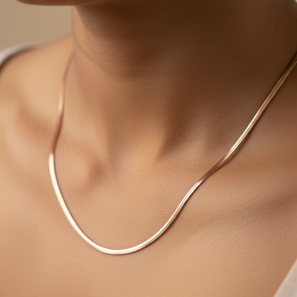 Close-up Rose Gold Herringbone Chain on Neck