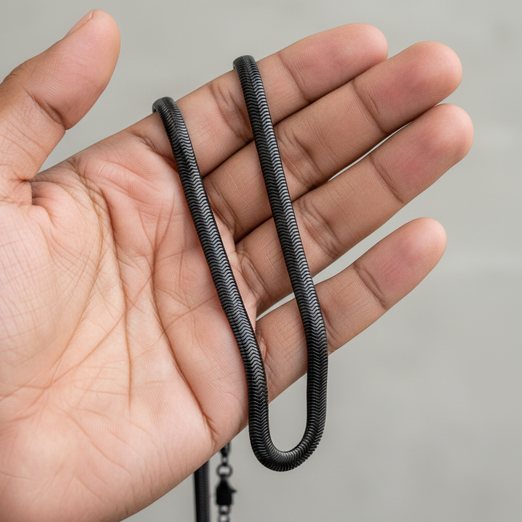Customer POV - hand holding black snake chain
