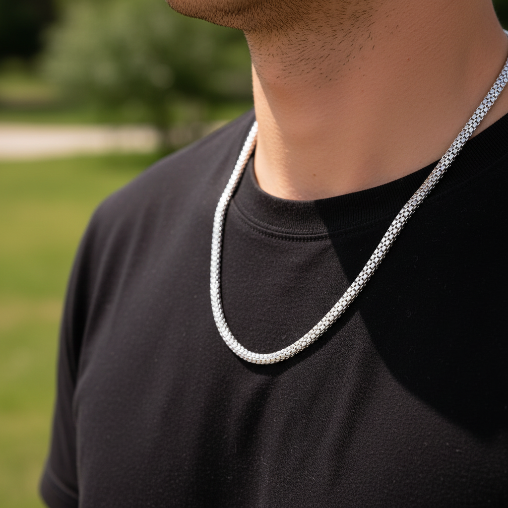Double Box Chain on Man's Neck