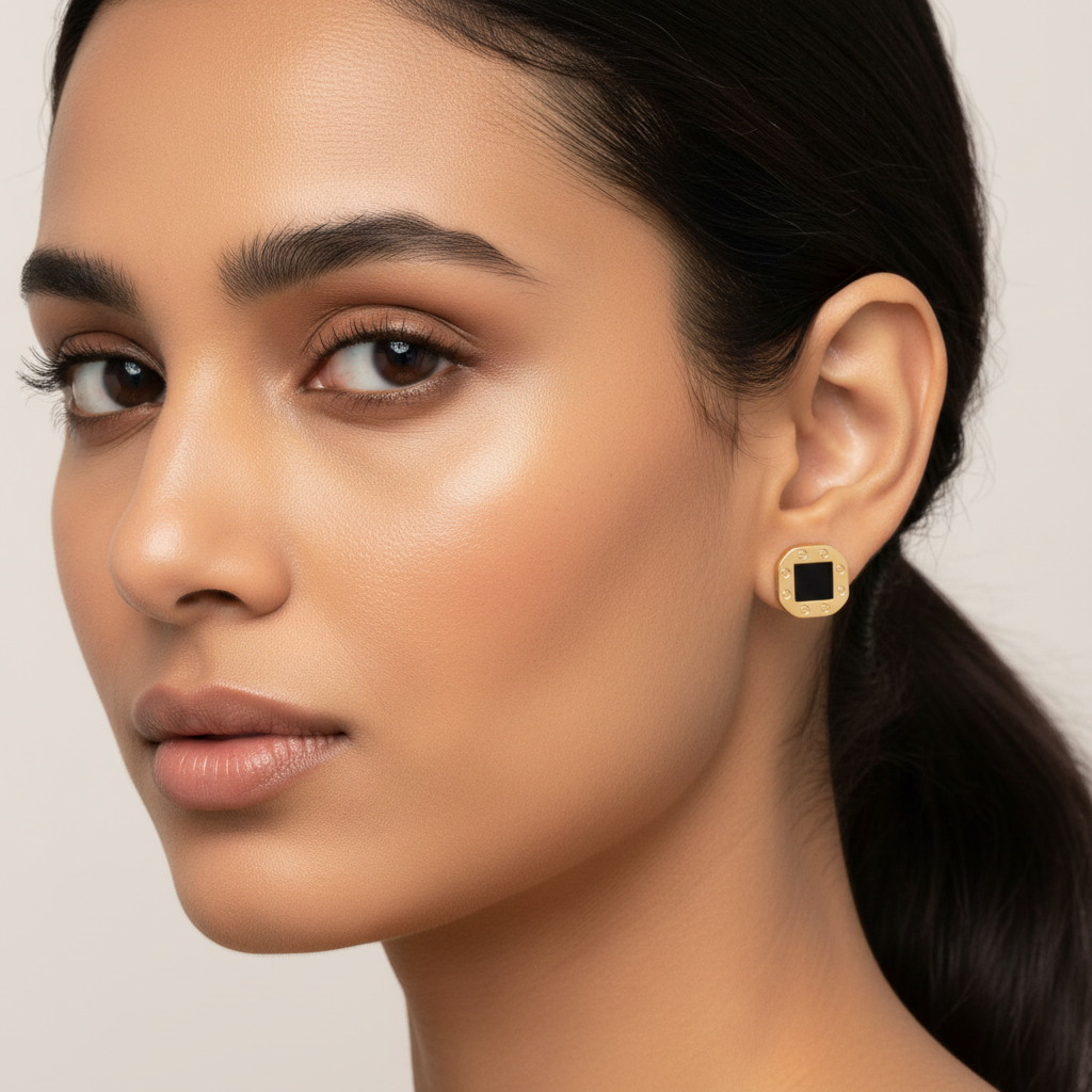 Gold Square Stud Earrings Black Center - Indian Model