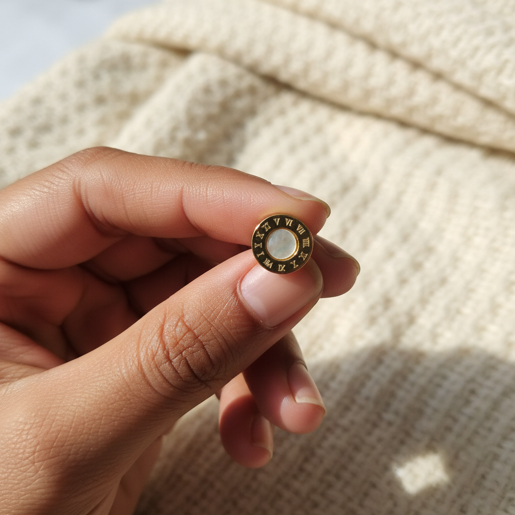 Customer holding Roman numeral gold stud earring with mother-of-pearl inlay