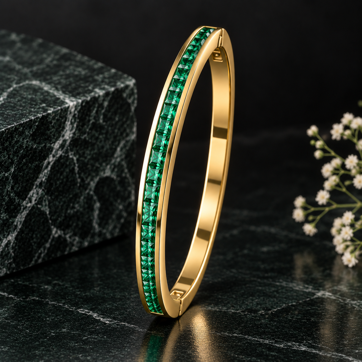 Emerald Green CZ Channel Bangle - gold bangle with emerald green princess cut CZ channel setting on green marble