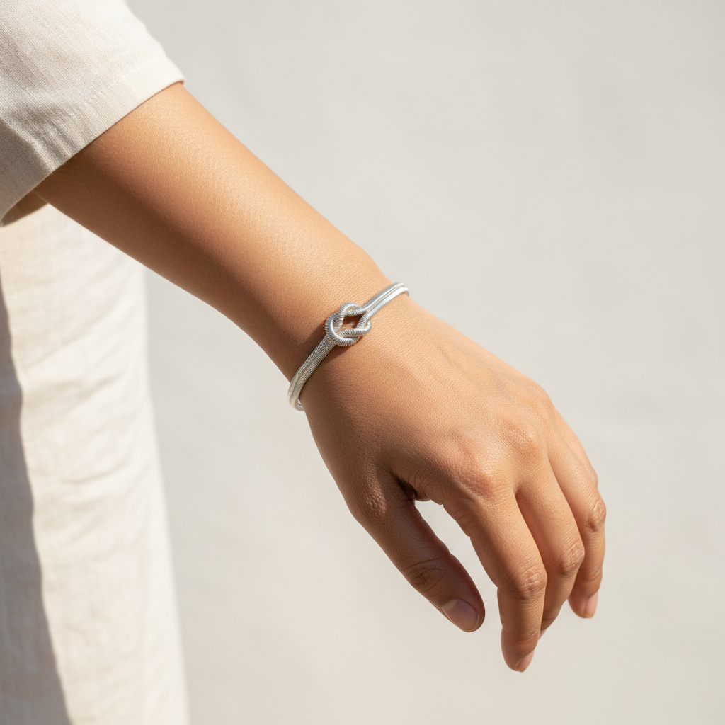 Customer wearing Silver Knot Bracelet - authentic review style