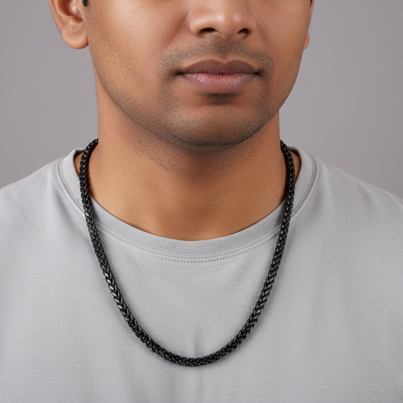 Professional close-up of black wheat chain on Indian male model - regenerated