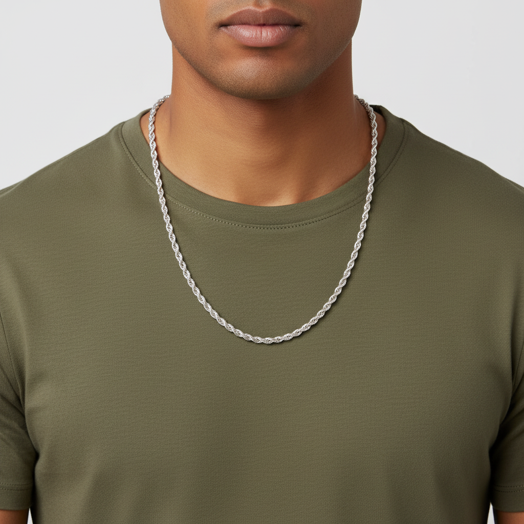 Silver Rope Chain – Olive Green Tee, No Face